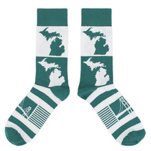 Load image into Gallery viewer, Green White Michigan Socks - Men's Novelty Dress Socks
