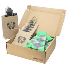 Load image into Gallery viewer, Customizable Groomsmen Gift Set Kelly Green Gray Argyle Men’s Dress Socks
