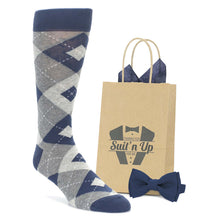 Load image into Gallery viewer, Navy Gray Argyle Wedding Groomsmen Men's Dress Socks with Navy Bow Tie
