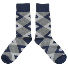 Load image into Gallery viewer, Navy Gray Argyle Wedding Groomsmen Men's Dress Socks with Navy Bow Tie
