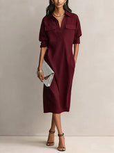 Load image into Gallery viewer, Women's Solid Color Pleated A-Line Midi Dress | Elegant Office Casual Shirt Collar Dress
