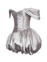 Load image into Gallery viewer, Milena Champagne Ruched Asymmetrical Bubble Mini Dress
