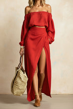 Load image into Gallery viewer, Women's Off-Shoulder Puff-Sleeve Crop Top &amp; Wrap-Front High-Slit Maxi Skirt Set
