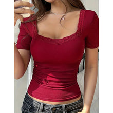 Load image into Gallery viewer, Women’s Y2K Lace Trim Slim Fit Tee – U-Neck Short Sleeve Top
