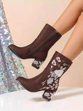 Load image into Gallery viewer, Floral Embroidered : Block Heel Boots

