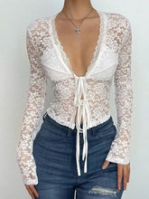 Load image into Gallery viewer, White Lace Tie-Front Top Boho Style
