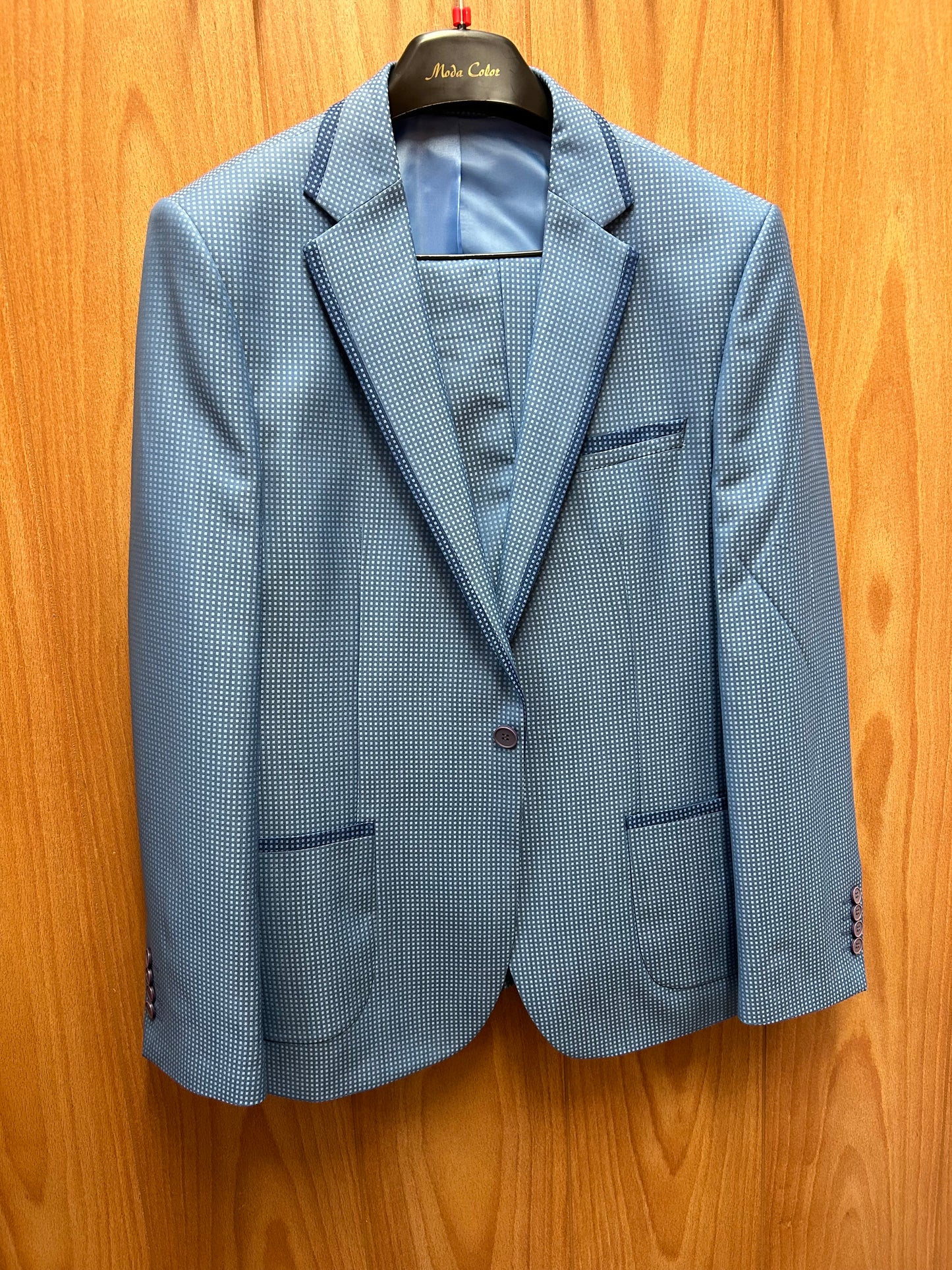 Moda Color Exclusive Light Blue Houndstooth 1-Button 100% Wool 2-Piece Turkish Slim Fit Suit