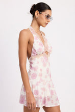 Load image into Gallery viewer, FLARED MINI DRESS WITH HALTER NECK AND LACE TRIM
