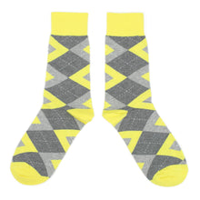Load image into Gallery viewer, Lemon Yellow Gray Argyle Wedding Groomsmen Men’s Dress Socks
