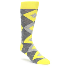 Load image into Gallery viewer, Lemon Yellow Gray Argyle Wedding Groomsmen Men’s Dress Socks
