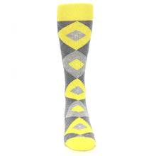 Load image into Gallery viewer, Lemon Yellow Gray Argyle Wedding Groomsmen Men’s Dress Socks
