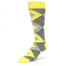 Load image into Gallery viewer, Lemon Yellow Gray Argyle Wedding Groomsmen Men’s Dress Socks
