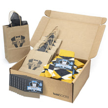 Load image into Gallery viewer, Customizable Groomsmen Gift Set Mustard Yellow Gray Argyle Men’s Dress Socks

