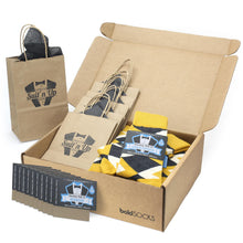 Load image into Gallery viewer, Customizable Groomsmen Gift Set Mustard Yellow Gray Argyle Men’s Dress Socks
