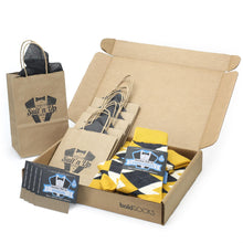 Load image into Gallery viewer, Customizable Groomsmen Gift Set Mustard Yellow Gray Argyle Men’s Dress Socks

