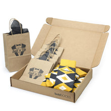 Load image into Gallery viewer, Customizable Groomsmen Gift Set Mustard Yellow Gray Argyle Men’s Dress Socks
