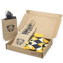 Load image into Gallery viewer, Customizable Groomsmen Gift Set Mustard Yellow Gray Argyle Men’s Dress Socks
