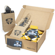 Load image into Gallery viewer, Customizable Groomsmen Gift Set Mustard Yellow Gray Argyle Men’s Dress Socks
