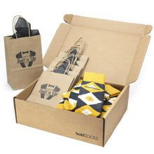 Load image into Gallery viewer, Customizable Groomsmen Gift Set Mustard Yellow Gray Argyle Men’s Dress Socks
