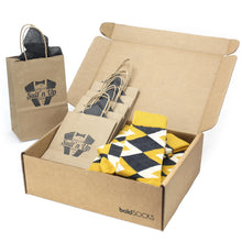 Load image into Gallery viewer, Customizable Groomsmen Gift Set Mustard Yellow Gray Argyle Men’s Dress Socks
