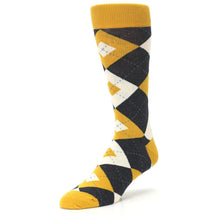 Load image into Gallery viewer, Mustard Yellow Grey Argyle Men&#39;s Dress Socks
