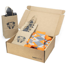 Load image into Gallery viewer, Customizable Groomsmen Gift Set Tangerine Orange Grey Argyle Men’s Dress Socks
