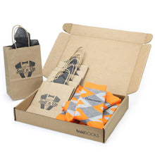 Load image into Gallery viewer, Customizable Groomsmen Gift Set Tangerine Orange Grey Argyle Men’s Dress Socks
