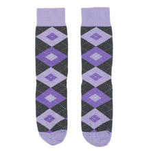 Load image into Gallery viewer, Lilac Iris Purple Gray Argyle Wedding Groomsmen Men’s Dress Socks
