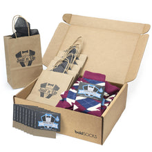 Load image into Gallery viewer, Customizable Groomsmen Gift Set Sangria Navy Argyle Men’s Dress Socks
