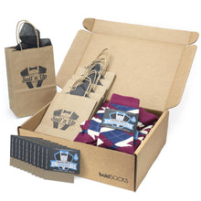 Load image into Gallery viewer, Customizable Groomsmen Gift Set Sangria Navy Argyle Men’s Dress Socks
