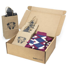 Load image into Gallery viewer, Customizable Groomsmen Gift Set Sangria Navy Argyle Men’s Dress Socks

