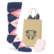 Load image into Gallery viewer, Flamingo Petal Pink Navy Argyle Wedding Groomsmen Men&#39;s Dress Socks with Matching Necktie

