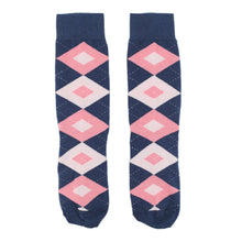 Load image into Gallery viewer, Flamingo Petal Pink Navy Argyle Wedding Groomsmen Men&#39;s Dress Socks with Matching Necktie
