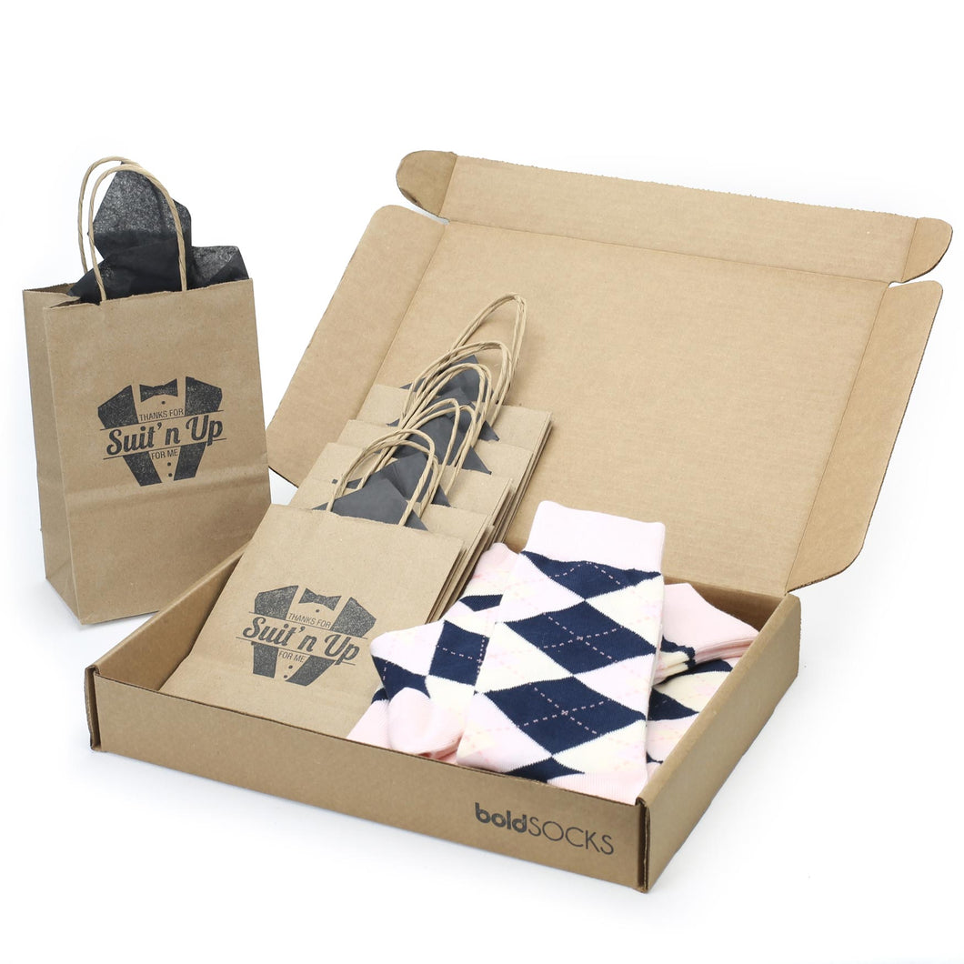 Customizable Groomsmen Gift Set Petal Pink Blush Navy Argyle Men’s Dress Socks