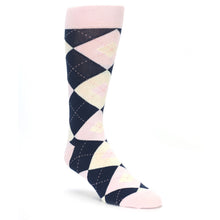 Load image into Gallery viewer, Petal Pink Blush Navy Argyle Wedding Groomsmen Men’s Dress Socks
