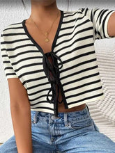 Load image into Gallery viewer, Striped Cropped Knit Top with Lace-Up Front
