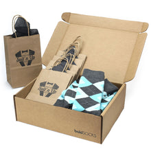Load image into Gallery viewer, Customizable Groomsmen Gift Set Pool Blue Grey Argyle Men’s Dress Socks
