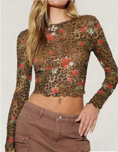 Load image into Gallery viewer, Cropped mesh ruffle hem floral leopard top

