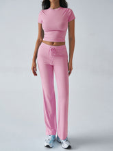 Load image into Gallery viewer, Crew Neck Short Sleeve Top &amp; Full-Length Pants Set – Solid Color, 10 Colors
