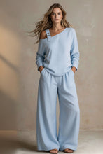 Load image into Gallery viewer, Women's One-Shoulder Buckle-Strap Long-Sleeve Linen Blend Top &amp; Wide-Leg Palazzo Trouser Set
