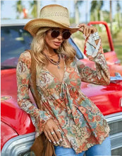 Load image into Gallery viewer, Western Printed Bell Sleeve Blouse
