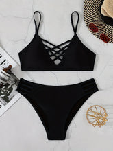 Load image into Gallery viewer, Noir Allure Criss Cross Bikini Set for Women – Chic Elegant Hollow Out Design with High Waist Buckle Detail Adjustable Spaghetti Straps &amp; Medium Stretch Nylon – 2-Piece Women's Swimwear for Summer Beach Days &amp; Poolside Glam
