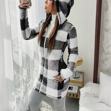 Load image into Gallery viewer, Plaid Hooded Sherpa-Lined Long Coat with Pockets
