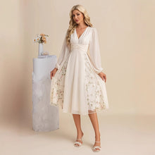 Load image into Gallery viewer, Floral Long Sleeve V-Neck Pleated Midi Dress – High Waist Flared Hem
