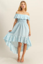Load image into Gallery viewer, High-Low Eyelet Ruffled Off-Shoulder Dress For Summer – Fluttering, Flirty and Feminine Off-Shoulder Dress with Eyelet Detailing and High-Low Hem
