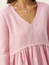 Load image into Gallery viewer, 100% Linen V-Neck Ruffle Hem Midi Dress with Crochet Trim MARTHA
