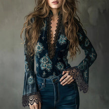 Load image into Gallery viewer, Women’s Retro Lace Panel V-Neck Blouse – Elegant Print Bell Sleeve Top for Spring &amp; Autumn Wear
