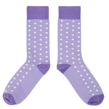 Load image into Gallery viewer, Lilac Iris Purple Polka Dot Groomsmen Wedding Men’s Dress Socks
