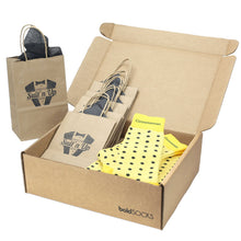 Load image into Gallery viewer, Customizable Groomsmen Gift Set Yellow Gray Polka Dot Men's Dress Socks

