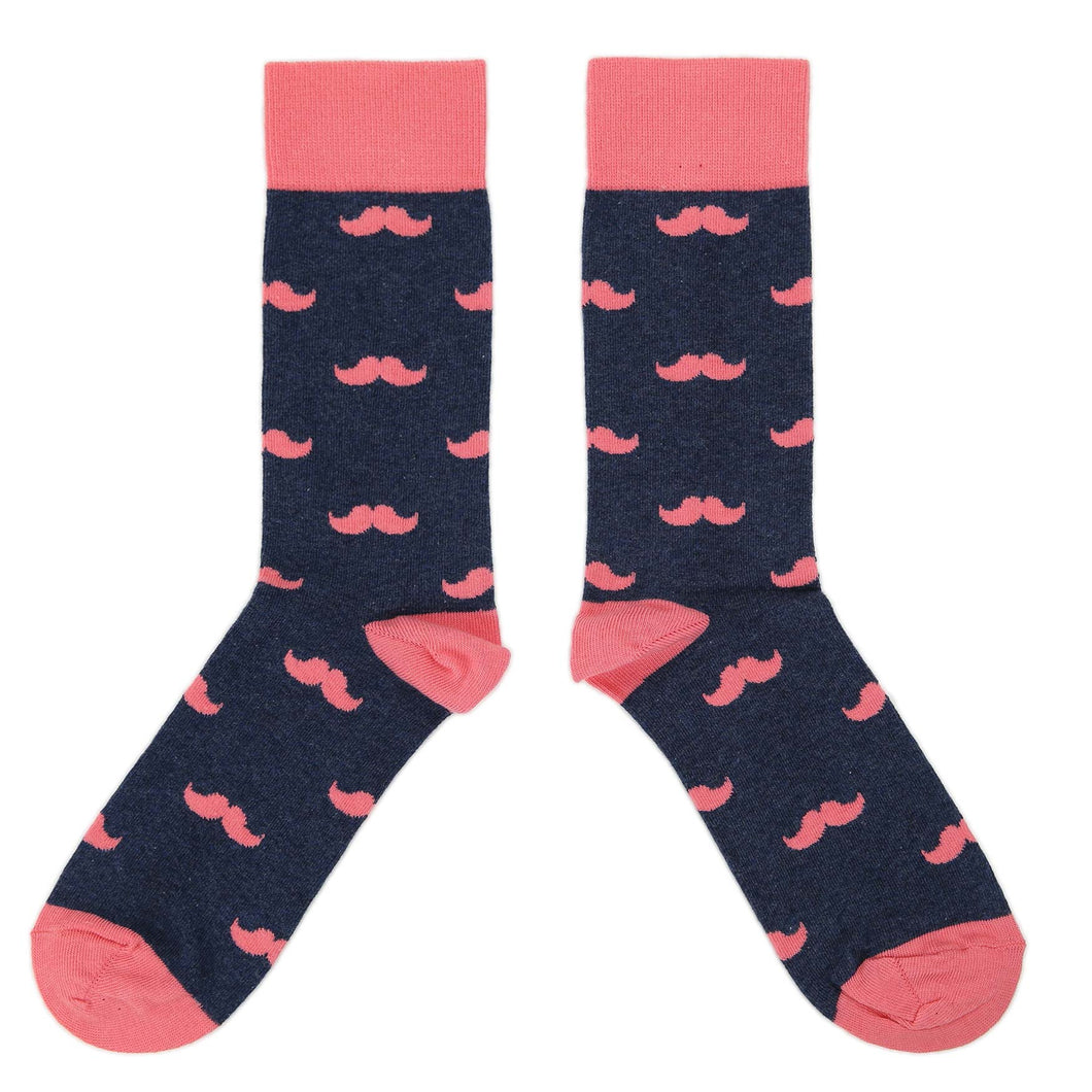 Navy Coral Mustache Wedding Groomsmen Men's Dress Socks with Matching Bow Tie
